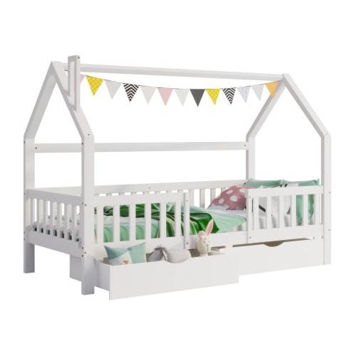 Kinderbett 90 x 200 cm Hausbett£ohne Matratze£©Einzelbett Mit Schornstein Zwei Aufbewahrungsschubladen Robuste Lattenroste Kiefernholz Weiss