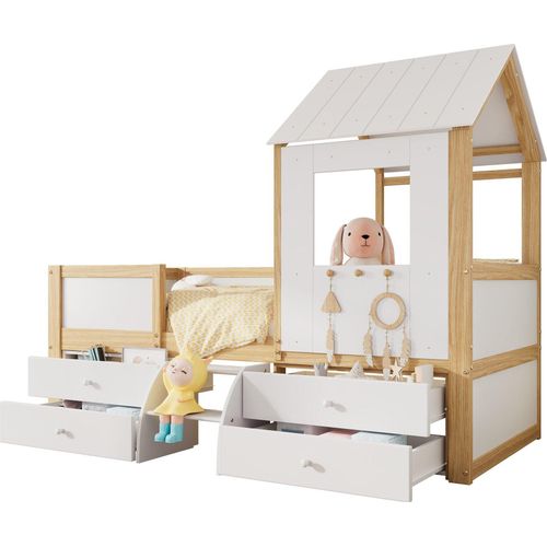 Kinderbett 90x200cm Hausbett£ohne Matratze£©Halbhohes Bett mit Dach und Fenster Vierseitiger Zaun mit 4 Schubladen und kleine Treppe Weiss und Natur