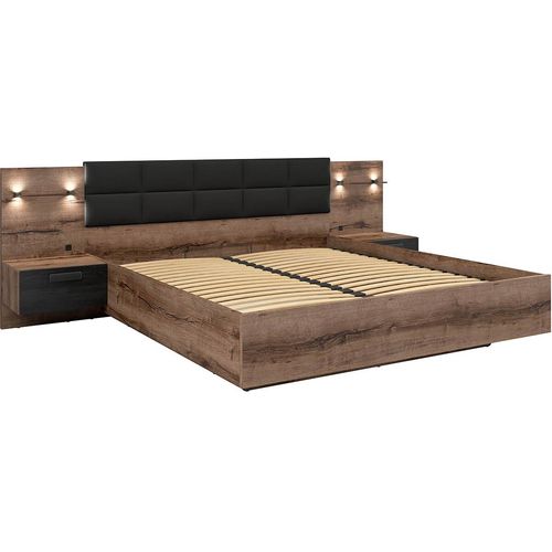 Kassel Doppelbett 180x200 mit Lattenrost, Stauraum und 2 Nachttischen Eiche Monastery