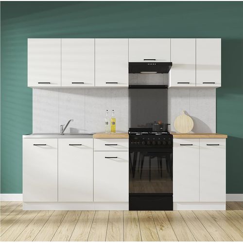 Küchenzeile Junona Line 230 cm mit Arbeitsplatte in Hochglanz Kreideweiß