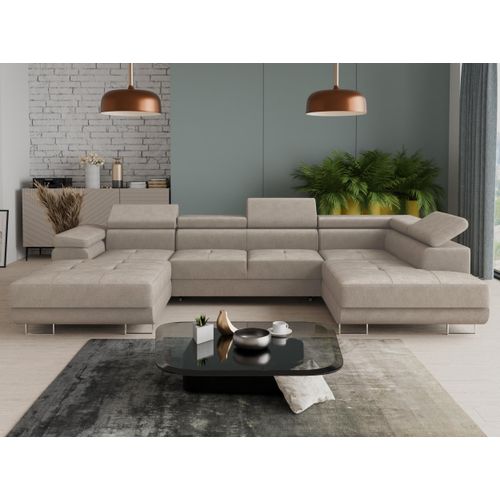 Wohnlandschaft Caris U mit Schlaffunktion und einstellbare Kopfstützen, Ecksofa mit zwei Bettkästen, Couch, Sofa, Bettsofa (Beige (Paros 02), Ecksofa Links)