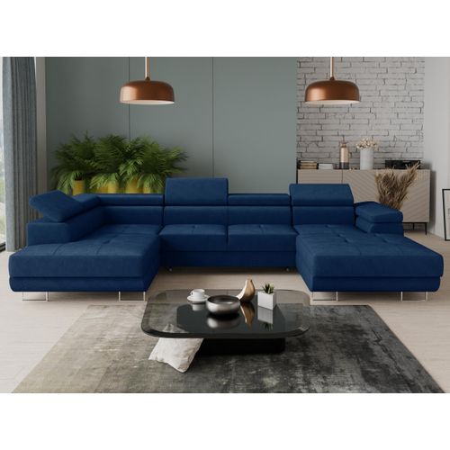 Wohnlandschaft Caris U mit Schlaffunktion und einstellbare Kopfstützen, Ecksofa mit zwei Bettkästen, Couch, Sofa, Bettsofa (Blau (Kronos 09), Ecksofa Rechts)