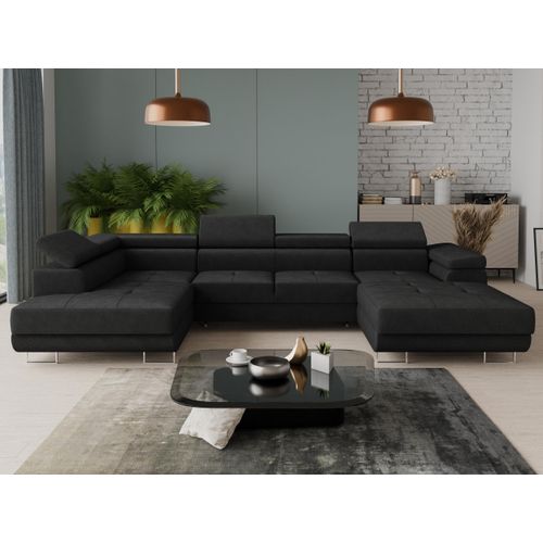 Wohnlandschaft Caris U mit Schlaffunktion und einstellbare Kopfstützen, Ecksofa mit zwei Bettkästen, Couch, Sofa, Bettsofa (Schwarz (Kronos 07), Ecksofa Rechts)