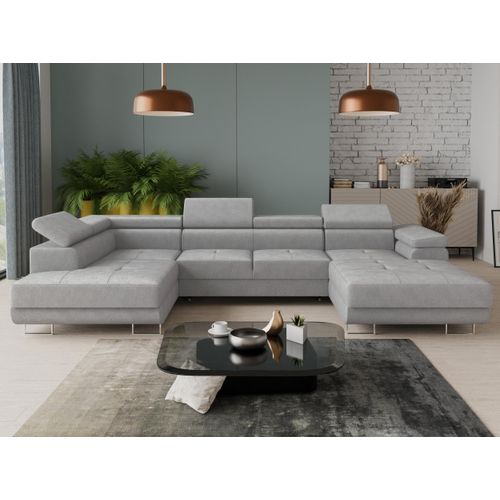 Wohnlandschaft Caris U mit Schlaffunktion und einstellbare Kopfstützen, Ecksofa mit zwei Bettkästen, Couch, Sofa, Bettsofa (Grau (Paros 05), Ecksofa Rechts)