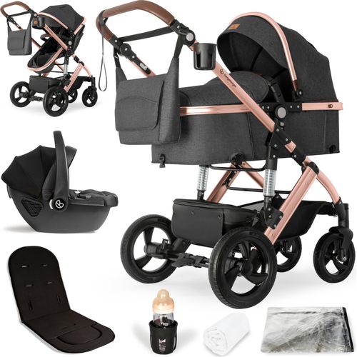 Bergsteiger Nizza 3 in 1 Kinderwagen, Kombikinderwagen Komplettset, Babywanne & Buggy Sportsitz inklusive, Auto-Babyschale & Isofix Station optional