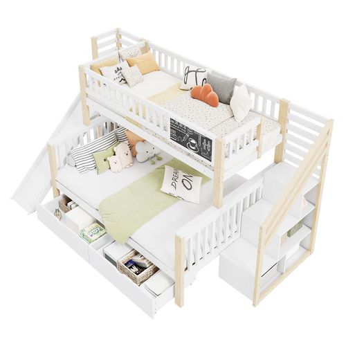 Etagenbett mit Graffiti-Brett Treppe und Aufbewahrungsschränken Kinderbett Hausbett Jugendbett Eisenbett 140*200cm & 90*200cm Weiß