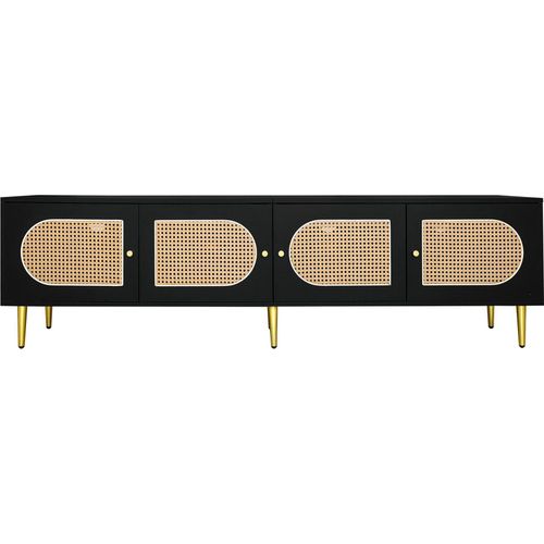 Schwarzer Rattan-TV-Schrank 180x40x50cm Mit 4 Rattantueren Verstellbarem Regal und Kabelmanagement Fuer 80 Zoll Fernseher Niedriger Schrank