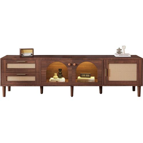 TV-Schrank Braun TV-Board mit 2 Rattan-Schubladen 2 gewoelbten Glastueren und 1 Rattan-Tuer Mit LED Aufbewahrungsschrank fuer 80-Zoll-Fernseher