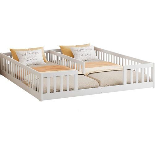 Kinderbett Flachbett Doppelbett 90x200cm Jugendbett Kiefernholz Einzelbett mit Gitter ohne Matratze mit Lattenrost fuer Familien mit zwei Kindern