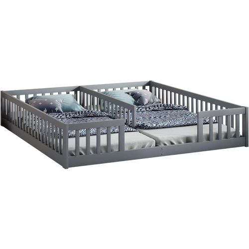 Kinderbett Flachbett Doppelbett 90x200cm Jugendbett Kiefernholz Einzelbett mit Gitter ohne Matratze mit Lattenrost fuer Familien mit zwei Kindern