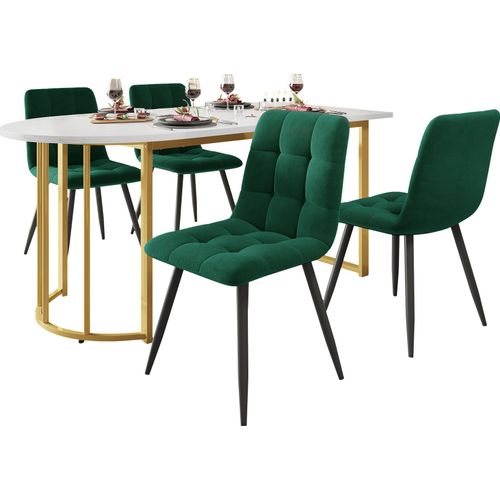 Essgruppe (5-tlg) 139x80cm Esstisch mit 4 Stühlen Set Marmormuster Küchentisch Goldfarbener Esstisch Dunkelgrüner Samt Stuhl Eisenbeinen