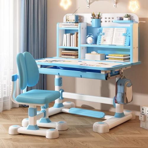 2Pcs/Set Kinder Studie Schreibtisch Stuhl Set, höhenverstellbar Kinder Schule Studie Tisch Stuhl Set mit Sitzkorrektor, mit Buch Stand, Fußpedal Blau
