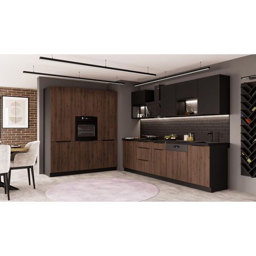 Küche MONZA + SIENA LOFT - 280 + 180 cm Küchenzeile Küchenblock Einbauküche Nussbaum Okapi matt + Schwarz matt