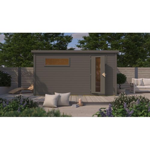 Saunahaus Hytti 6 : Terragrau : 9 kW finnisch Ofen + Steuergerät Easy Finnisch Farbe: Terragrau Saunaofen: 9 kW finnisch Ofen + Steuergerät Easy Finnisch