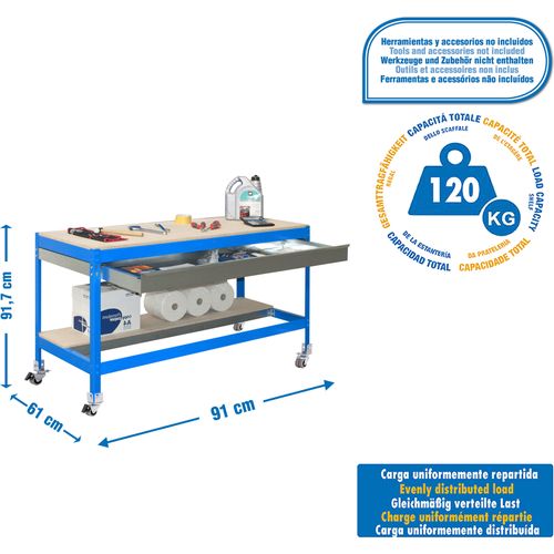 Arbeitstisch und Montage aus Metall ohne Parafuses SIMONWORK MOBILE BT0 BOX 900 BLAU/HOLZ