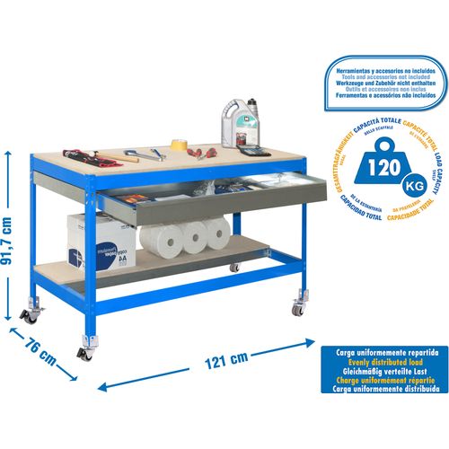 Arbeitstisch und Montage aus Metall ohne Parafuses SIMONWORK MOBILE BT0 BOX 1200 BLAU/HOLZ