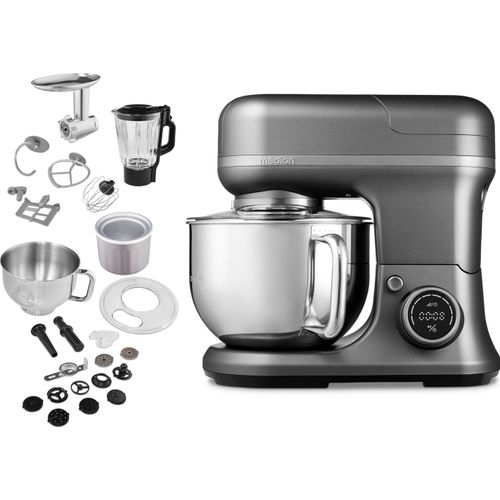 MEDION Küchenmaschine (Mixer, Fleischwolf, Eisschüssel für Zubereitung von Eis, 4 in 1, 1.200 Watt, Reiben Raspeln Schneiden, Digitales Touch Display, Knetmaschine, Teigmaschine, MD18430) Titan