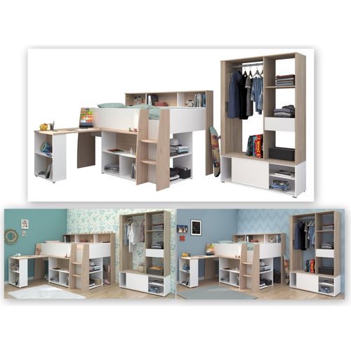 Kinderzimmer-Set >Lucas 11< 2-teilig, Weiss / Eiche Nachbildung, Hochbett mit Kleiderschrank