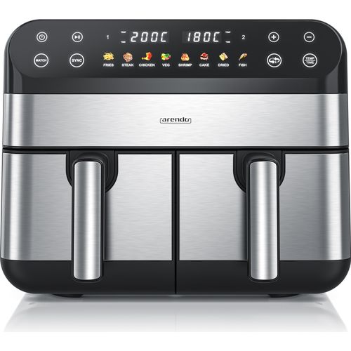 Arendo Heißluftfritteuse XXL, Doppelkammer, Dual Zone, Airfryer 9L mit 2 Kammern, Dörrautomat, 2400 W, 8 Programme, Touchscreen, 3D Umluftsystem