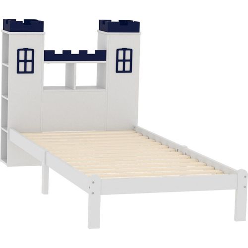 Massivholzbett,Burgform,mehrere Ablagefächer, Lattenrost, Kinderbett, Jugendbett, Einzelbett, weiß