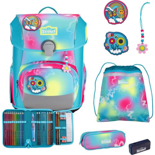 Scout Schulranzen Safety Light Neo Set 4-teilig Happy Rainbow türkis