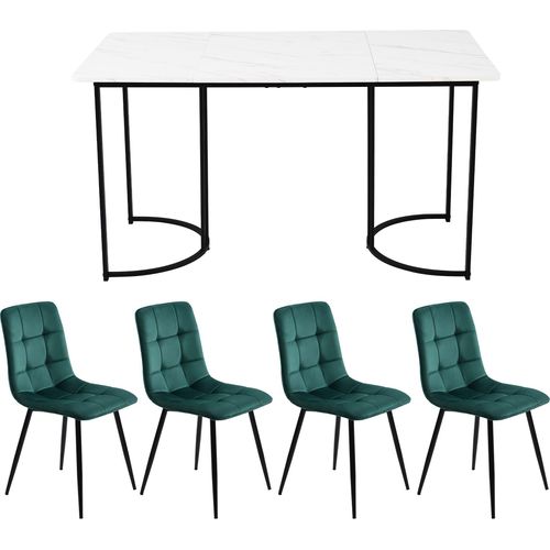 Essgruppe 5-tlg Esstisch mit 4 Stuehlen Kuechentisch Set mit Schwarz Metallbeinen Tischplatte in Weisser Dunkelgruen Samt Esszimmerstuhl