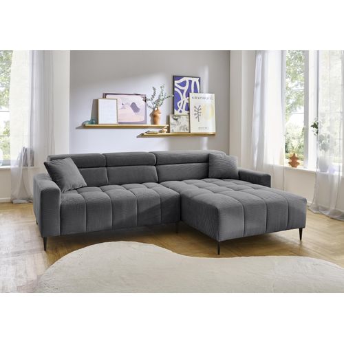 Wohnlandschaft ></noscript>Stanislaw< elektr. Sitztiefenverstellung, Cord grau - 256x100x180cm (BxHxT)