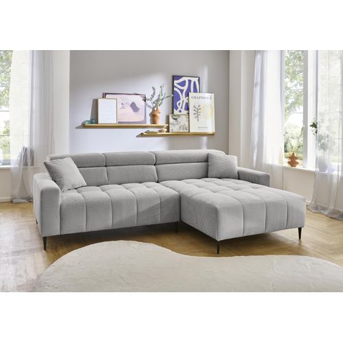 Wohnlandschaft ></noscript>Stanislaw< elektr. Sitztiefenverstellung, Cord silbergrau - 256x100x180cm (BxHxT)