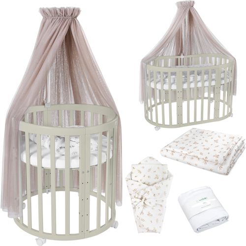 Mobiles Babybett OWAL aus Holz 7in1 mit Matratze, mitwachsend,Stoffe Taupe Zweige,Holz olive