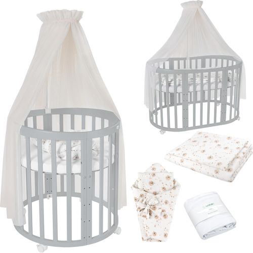 Mobiles Babybett OWAL aus Holz 7in1 mit Matratze, mitwachsend,Stoffe Champagner Löwenzahn,Holz grau