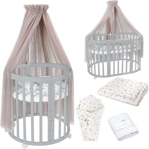 Mobiles Babybett OWAL aus Holz 7in1 mit Matratze, mitwachsend,Stoffe Taupe Zweige,Holz grau