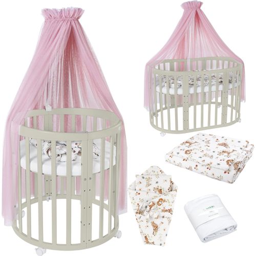 Mobiles Babybett OWAL aus Holz 7in1 mit Matratze, mitwachsend,Stoffe Rosa Tiere,Holz olive