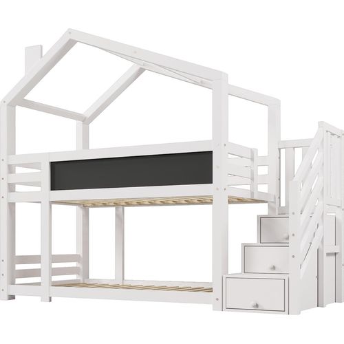 Etagenbett mit Schornstein&Speicherung und Rausfallschutz Kinderbett Hausbett Jugendbett inkl.Tafel– 2x Lattenrost 90 x 200 cm Weiß