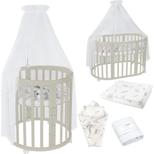 Mobiles Babybett OWAL aus Holz 7in1 mit Matratze, mitwachsend,Stoffe Weiß Zweige,Holz olive