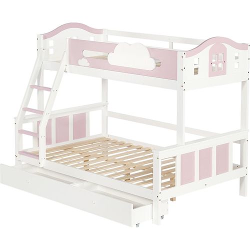 Etagenbett,Kinderbett mit farblich abgesetztem Fallschutzgitter mit Fenster,Mit Wolkendekoration,mit Schrägleiter und Schubladen,Kiefer+MDF