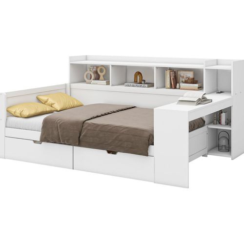 Schlafsofa,Daybett(Weiss)Tagesbett,Nachttischablage und Untertischablage, Bett mit Steckdose und USB-Anschluss, 2 Schubladen, Schreibtisch,Spanplatte