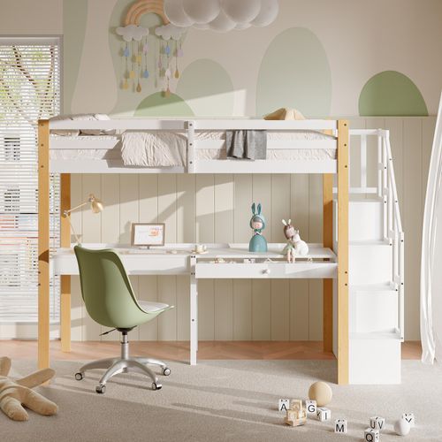 ProximaX Hochbett mit Schreibtisch und Stauraumtreppe, Kinderbett, 90*200 CM, Weiß
