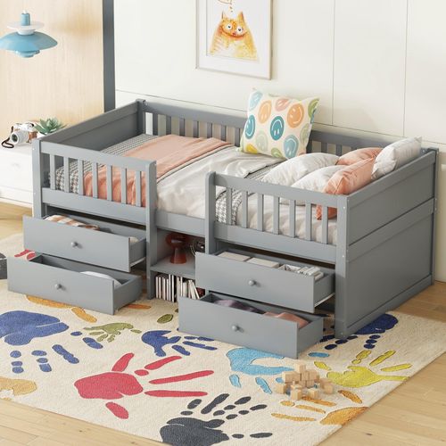 Kinderbett mit Schubladen und Lattenrost, 90x200 cm, Rausfallschutz, Holzbett, Jugendbett, Einzelbett, Kiefer