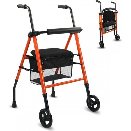 Mobiclinic, Gehhilfe, Nerón, , Rollator, 2 Vollgummireifen, Höhenverstellbar, Mit Sitz und Rückenlehne, Korb, Aus Stahl, Stabil, Schmal, Orange