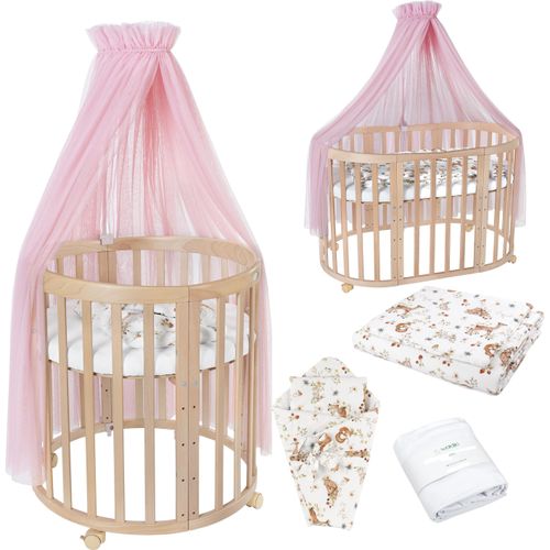 Mobiles Babybett OWAL aus Holz 7in1 mit Matratze, mitwachsend,Stoffe Rosa Tiere,Holz natur