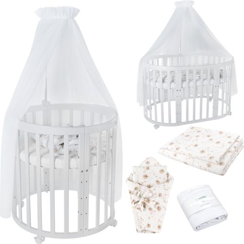 Mobiles Babybett OWAL aus Holz 7in1 mit Matratze, mitwachsend,Stoffe Weiß Löwenzahn,Holz weiß
