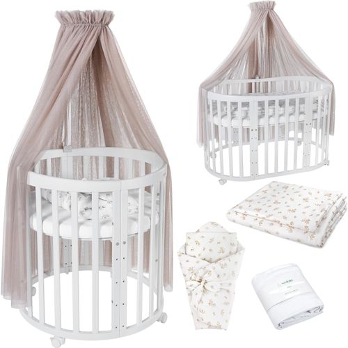 Mobiles Babybett OWAL aus Holz 7in1 mit Matratze, mitwachsend,Stoffe Taupe Zweige,Holz weiß