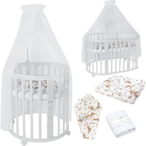 Mobiles Babybett OWAL aus Holz 7in1 mit Matratze, mitwachsend,Stoffe Weiß Tiere,Holz weiß