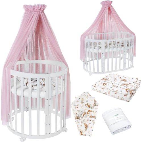 Mobiles Babybett OWAL aus Holz 7in1 mit Matratze, mitwachsend,Stoffe Rosa Tiere,Holz weiß