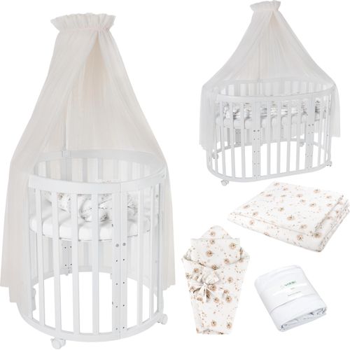 Mobiles Babybett OWAL aus Holz 7in1 mit Matratze, mitwachsend,Stoffe Champagner Löwenzahn,Holz weiß
