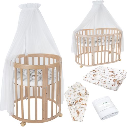 Waldin OWAL mobiles Babybett aus Holz 7in1 mit Matratze, mitwachsend,Stoffe Weiß Tiere,Holz natur