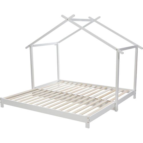 Kinderbett Hausbett 90/180x190cm Massivholz Jugendbett Einzelbett Gaestebett Weiss Bodenbett mit Lattenrost Praktische Schlafzimmermoebel ohne Matratze