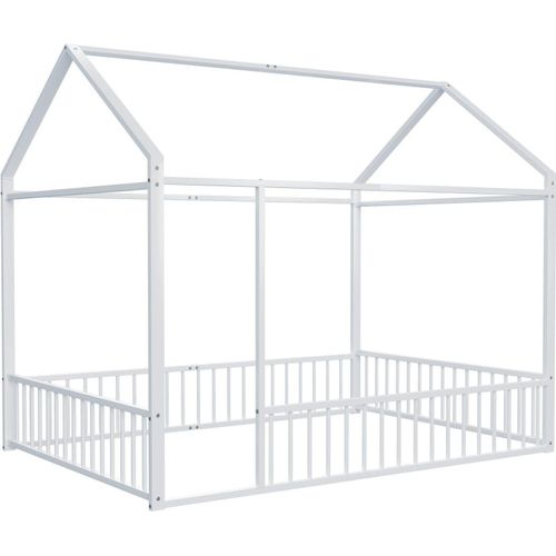 Kinderbett Jugendbett 140x200 Hausbett mit Zaun Bettgestell Metallbett Flachbett Hausbettrahmen ohne Matratze Praktische Schlafzimmermoebel fuer Kinder