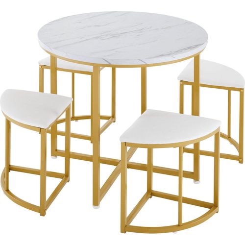 Essgruppe Esszimmertisch-Set mit vier Stuehlen mit MDF Tischplatte und vergoldeten Eisenrahmen Moderne Luxustische und-stuehle Weiss Samtstuhl
