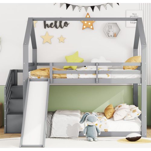 Kinderbett 140x200cm Etagenbett (ohne Matratze) Hausbett Massivholzbett mit Stauraumtreppe und Rutsche mit Gelaender Jugendbett Grau Kiefernholz